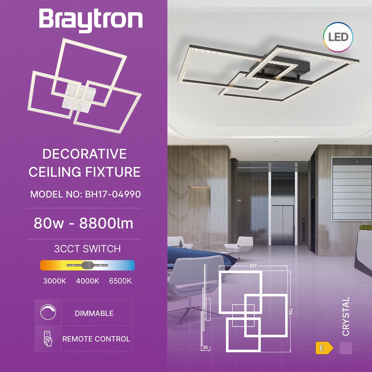 Braytron Crystal Plafondlamp 80W Wit B 3IN1 RMT