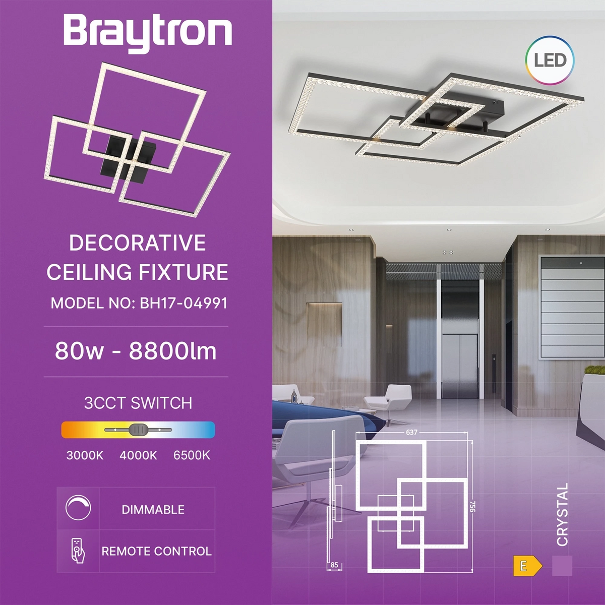 Braytron Crystal Plafondlamp 80W Zwart B 3IN1 RMT