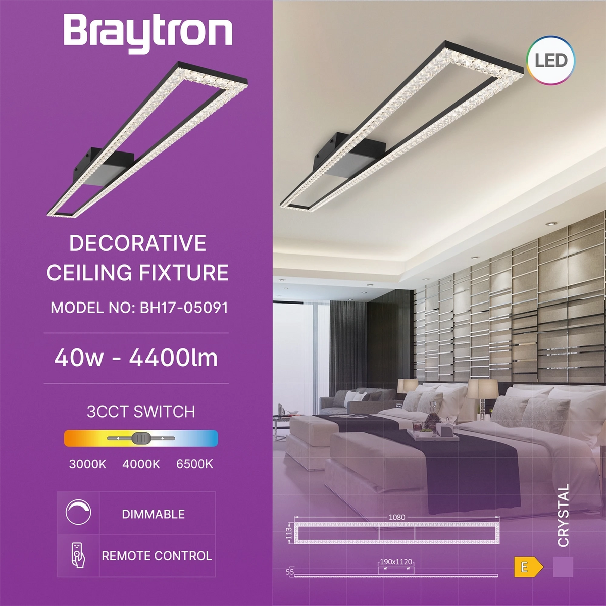 Braytron Crystal Plafondlamp 40W Zwart C 3IN1 RMT