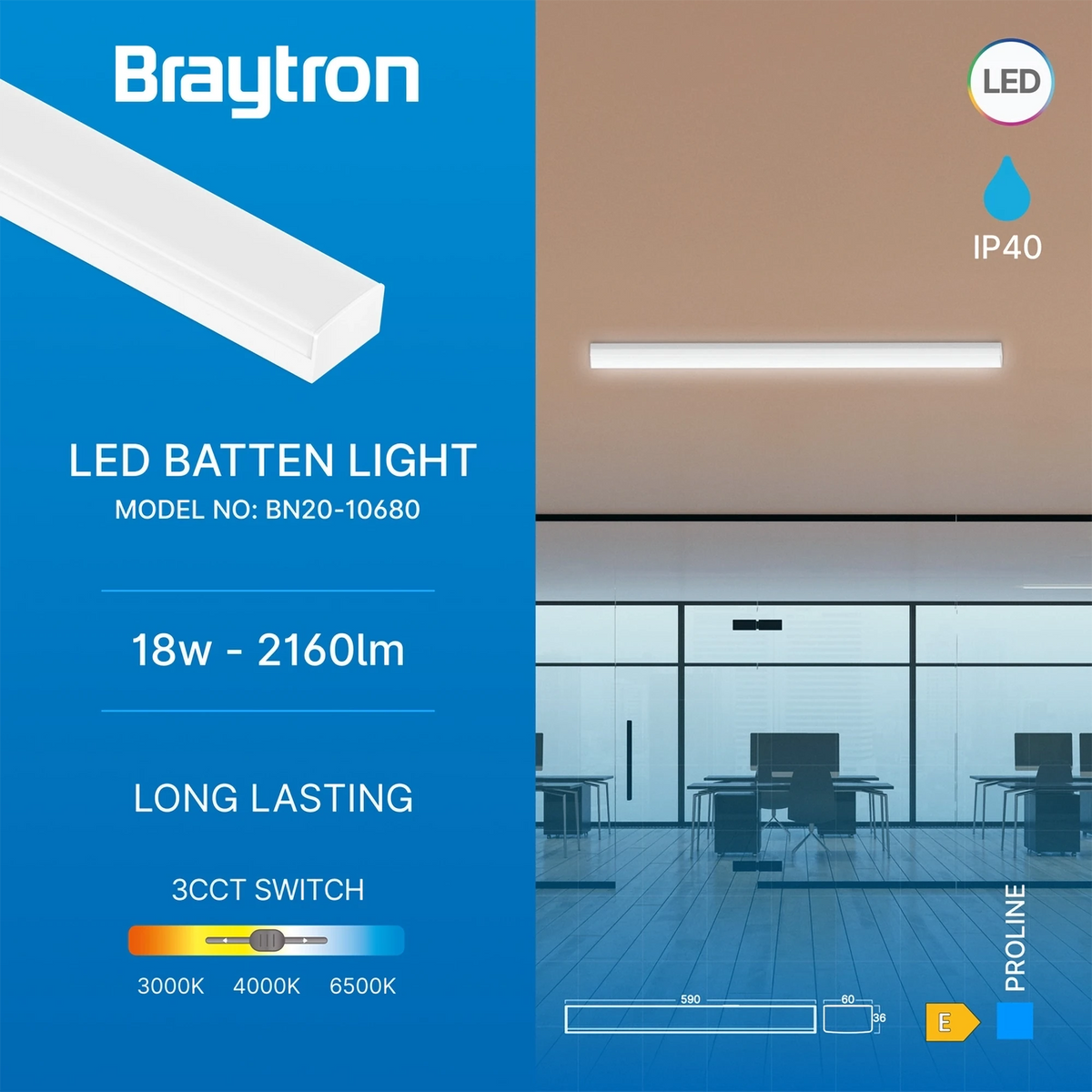Braytron Proline LED Balklamp 18W Wit PT 0.6MT 3IN1