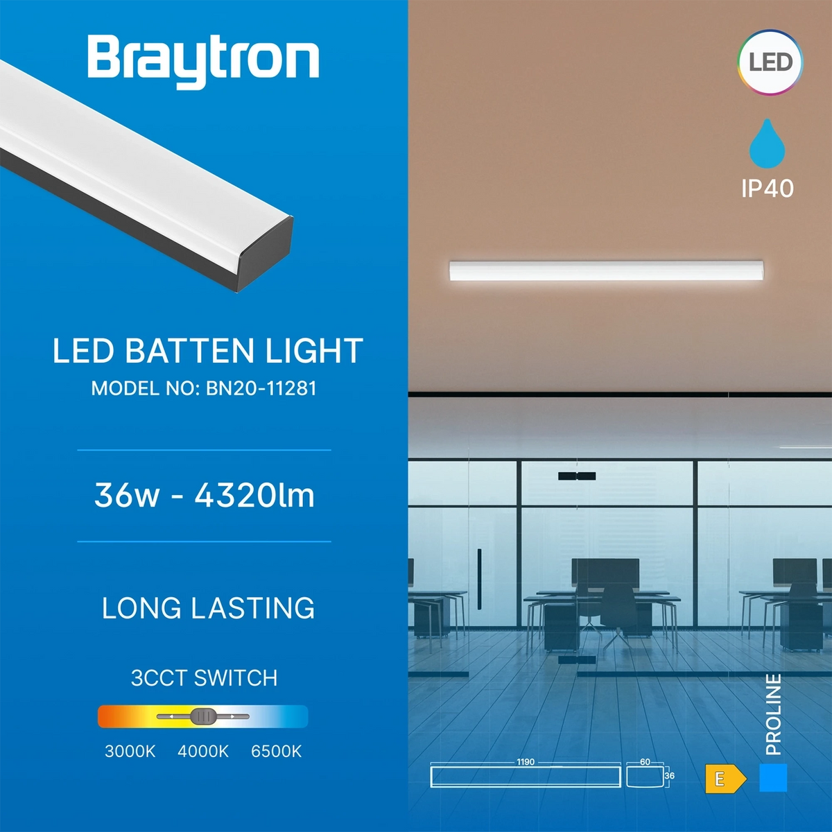 Braytron Proline LED Balklamp 36W Zwart PT 1.2MT 3IN1