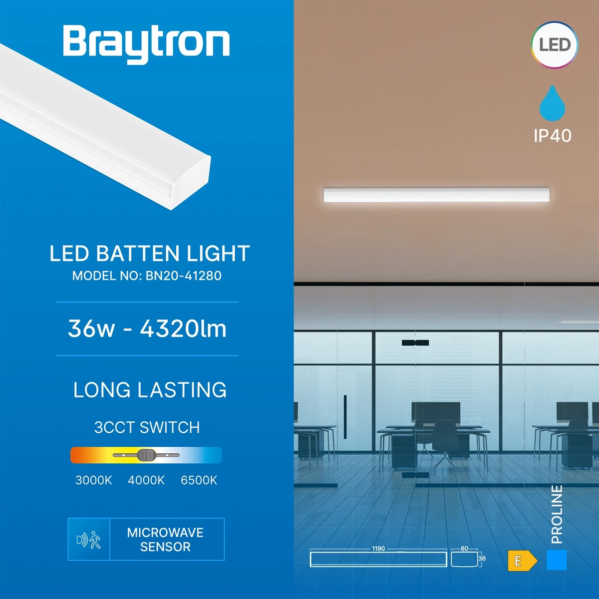 Braytron Proline LED Balklamp 36W Wit PT 1.2MT SNS 3IN1