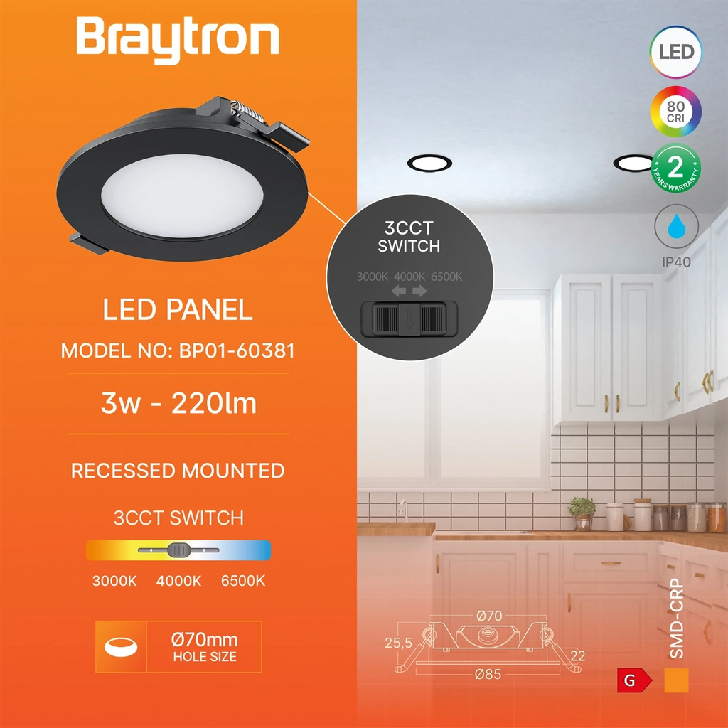 Braytron Smd LED Paneel 3W Zwart CRP RND 3INC 3IN1