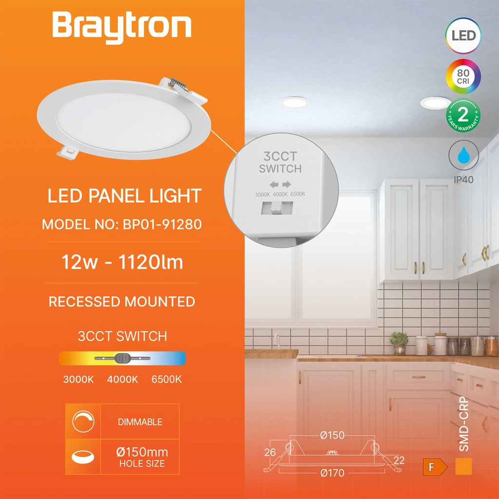 Braytron Smd LED Paneel 12W Wit CRP RND DIM 8INC 3IN1