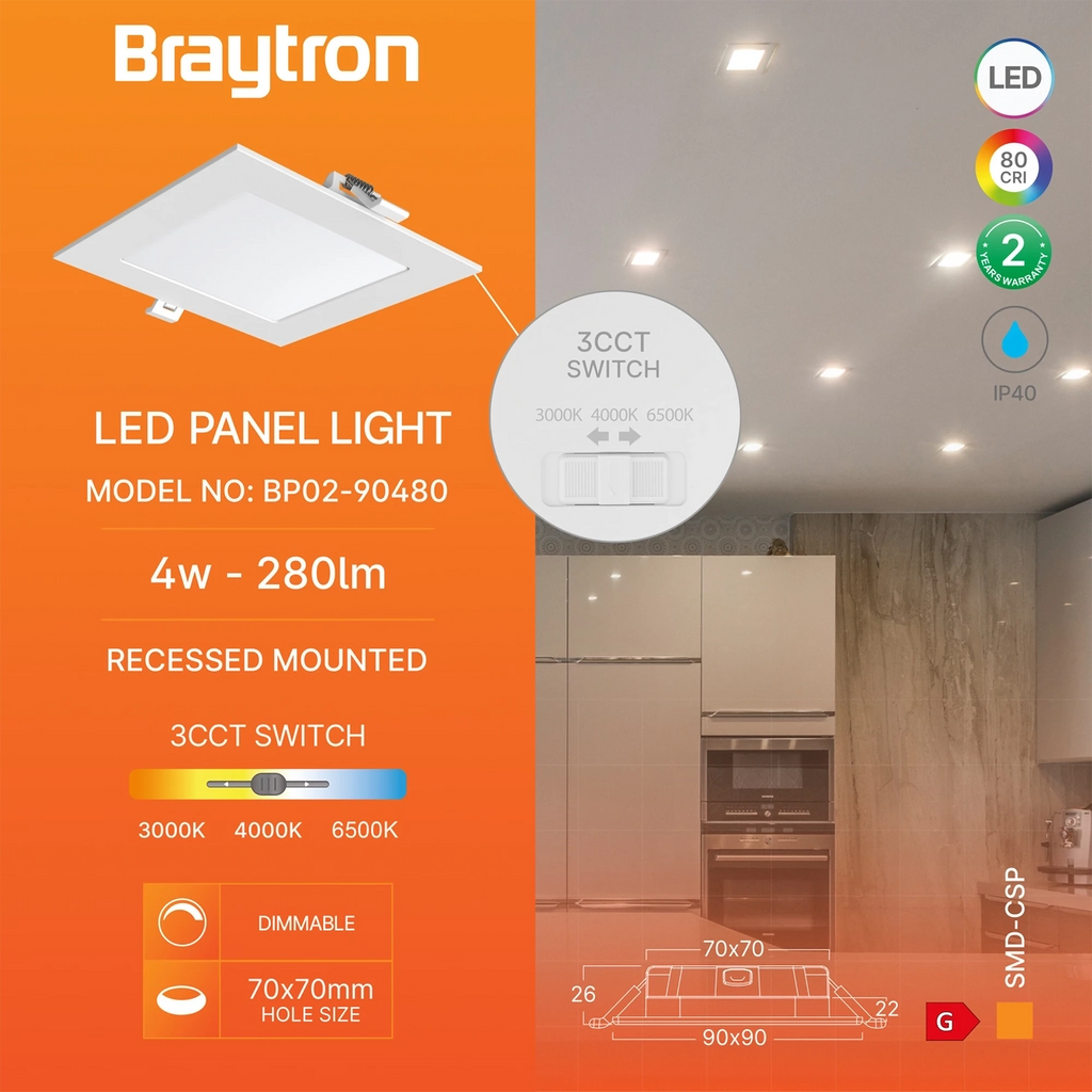 Braytron Smd LED Paneel 4W Wit CSP SQR DIM 3INC 3IN1