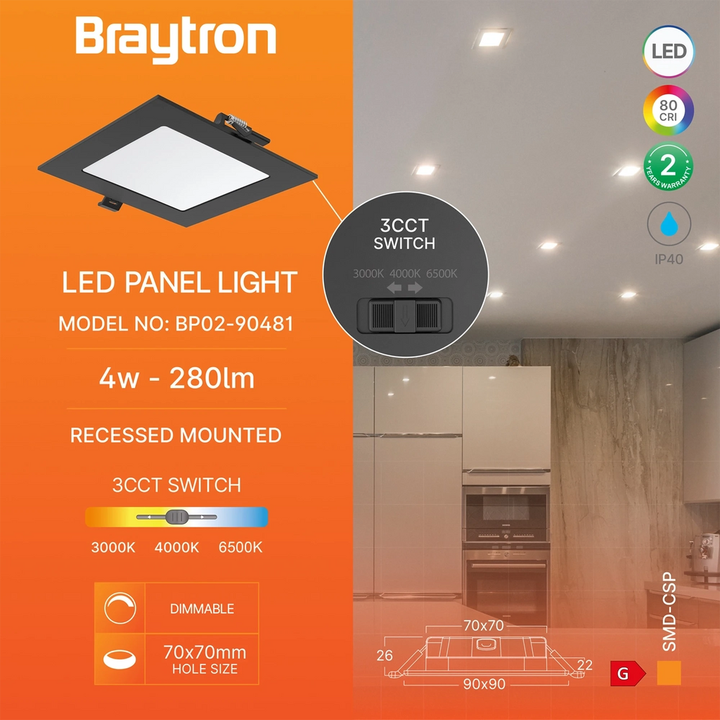 Braytron Smd LED Paneel 4W Zwart CSP SQR DIM 3INC 3IN1