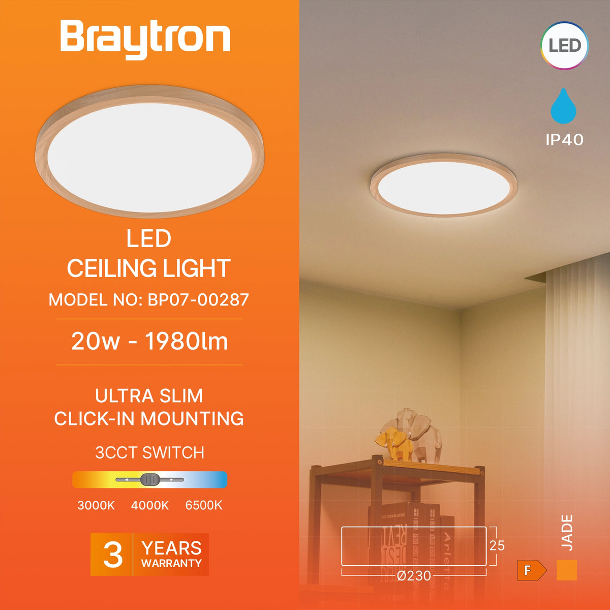 Braytron Jade Plafondlamp 20W SLR WDN RND 3IN1