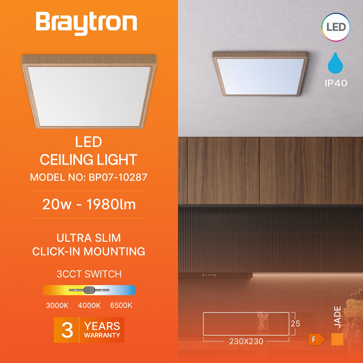 Braytron Jade Plafondlamp 20W SLR WDN SQR 3IN1