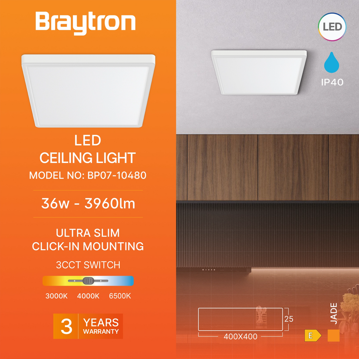 Braytron Jade Plafondlamp 36W Wit SLR SQR 3IN1