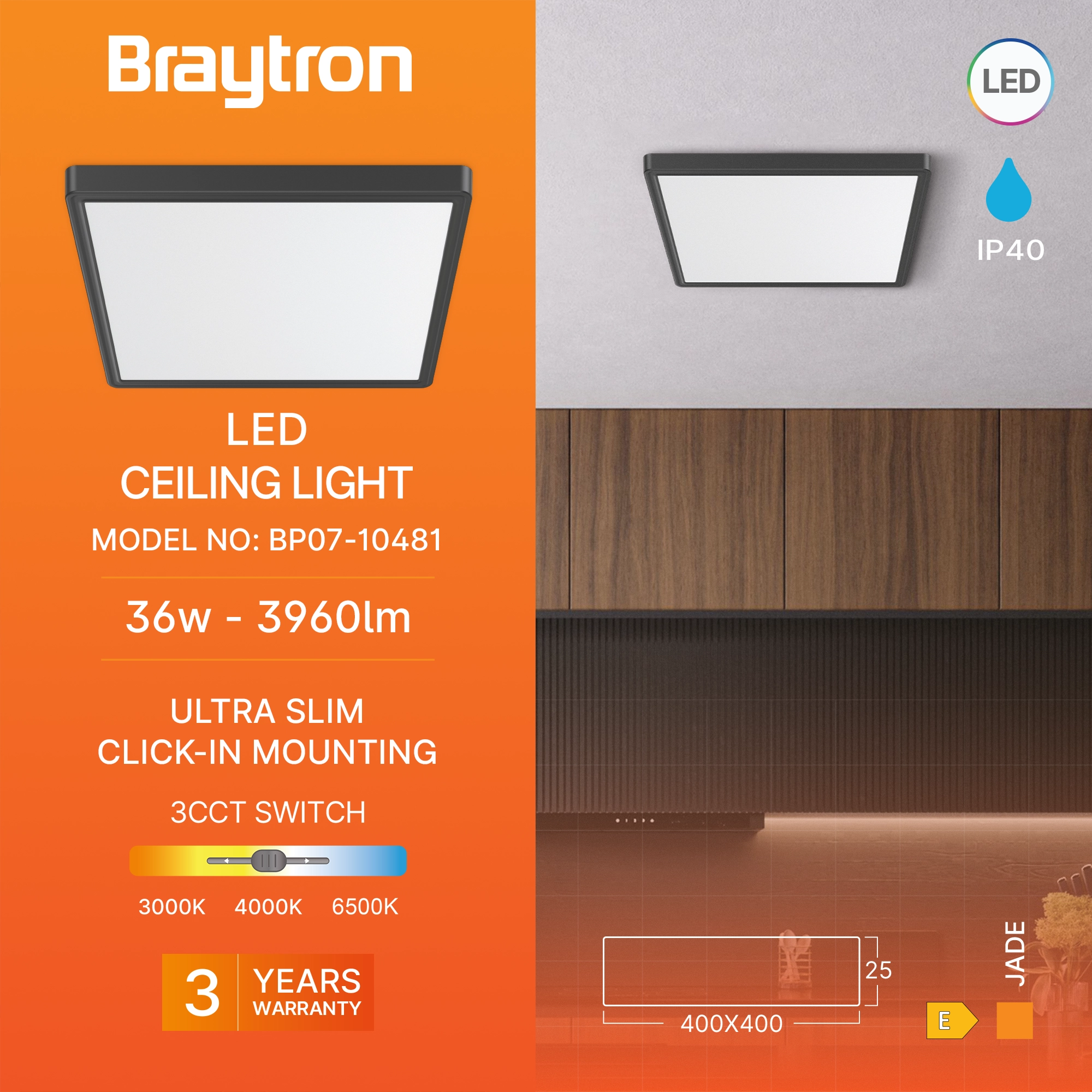 Braytron Jade Plafondlamp 36W Zwart SLR SQR 3IN1