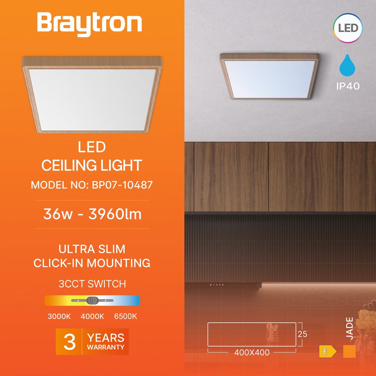 Braytron Jade Plafondlamp 36W SLR WDN SQR 3IN1