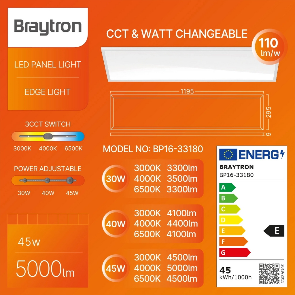 Braytron Panelled LED Paneel 40W Wit 295x1195 3IN1
