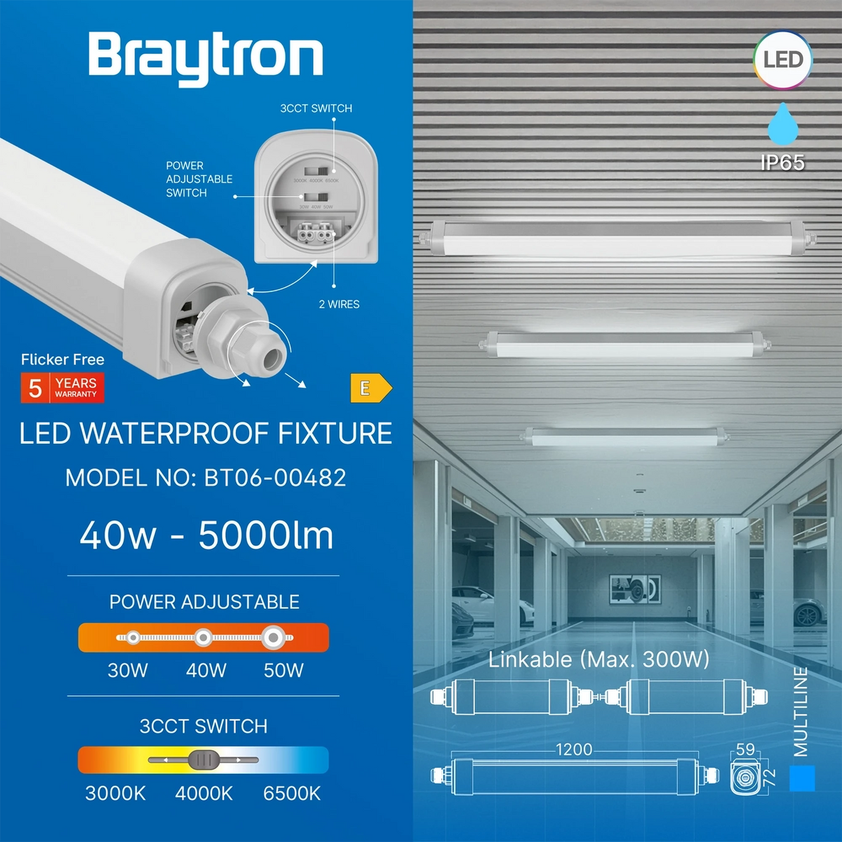 Braytron Multiline Waterdichte Armatuur 50W IP65 A 1.2MT 3IN1 3PW