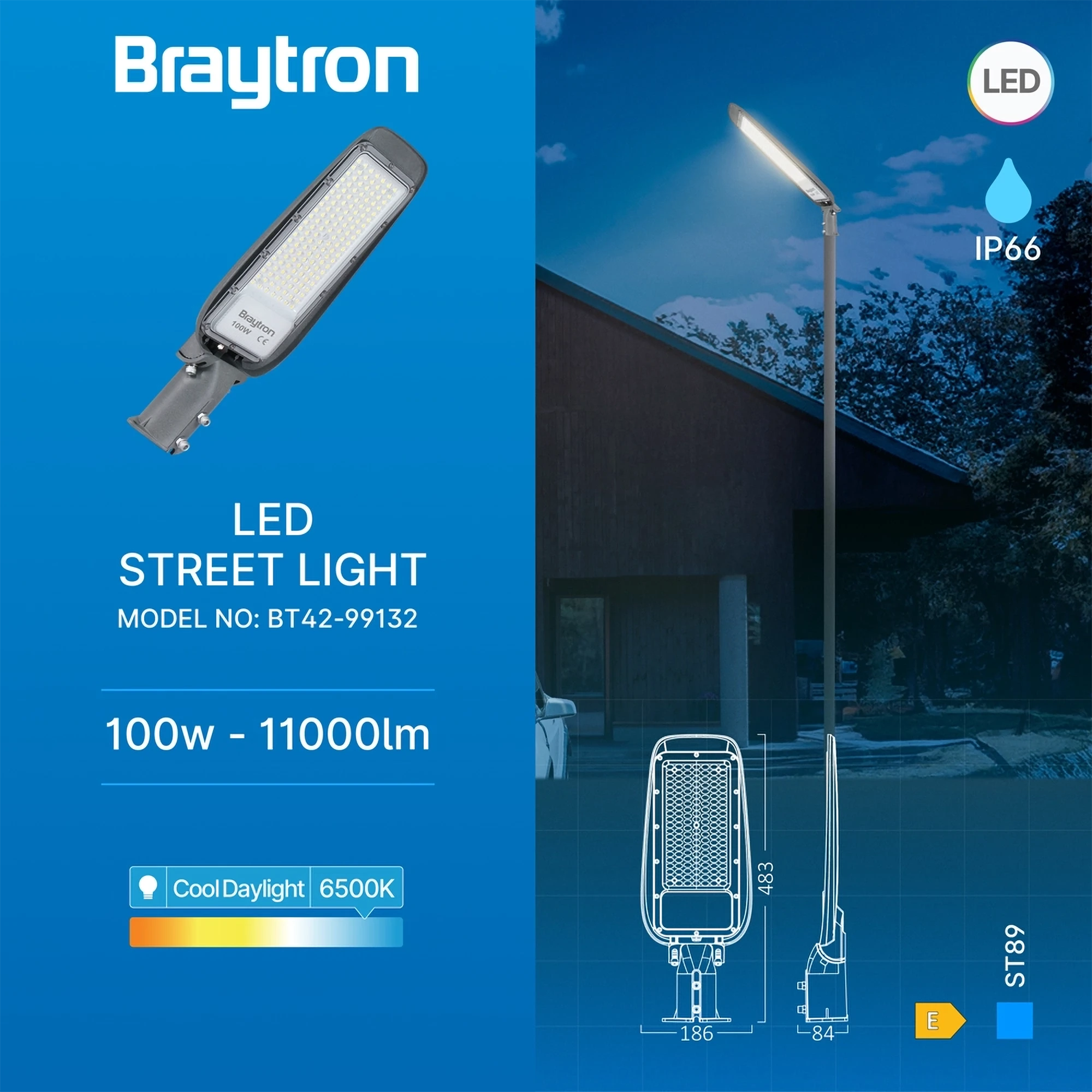 Braytron St89 Straatlamp 100W 6500K IP66 Grijs