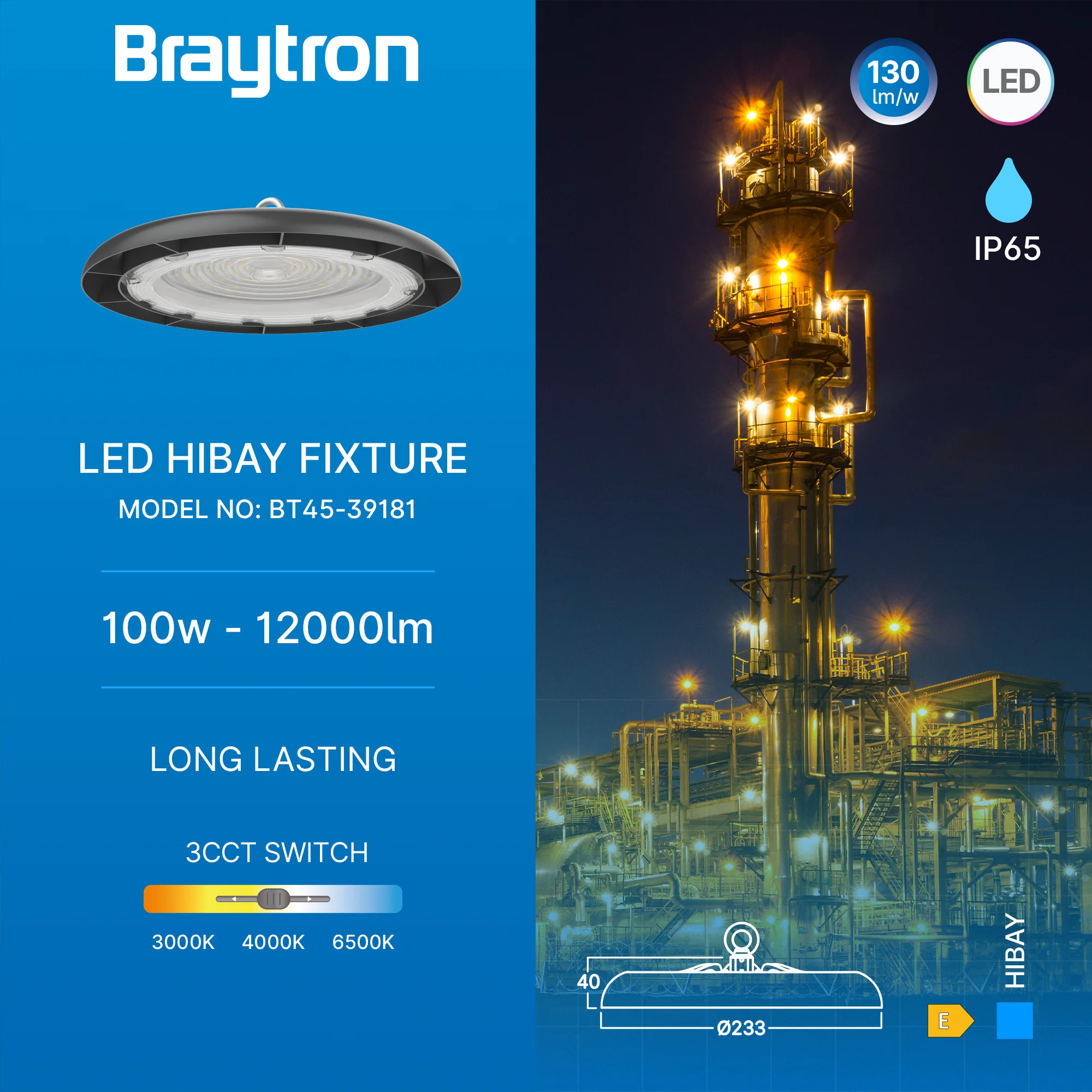 Braytron Hibay Highbay-armatuur 100W IP65 Zwart ESC 3IN1