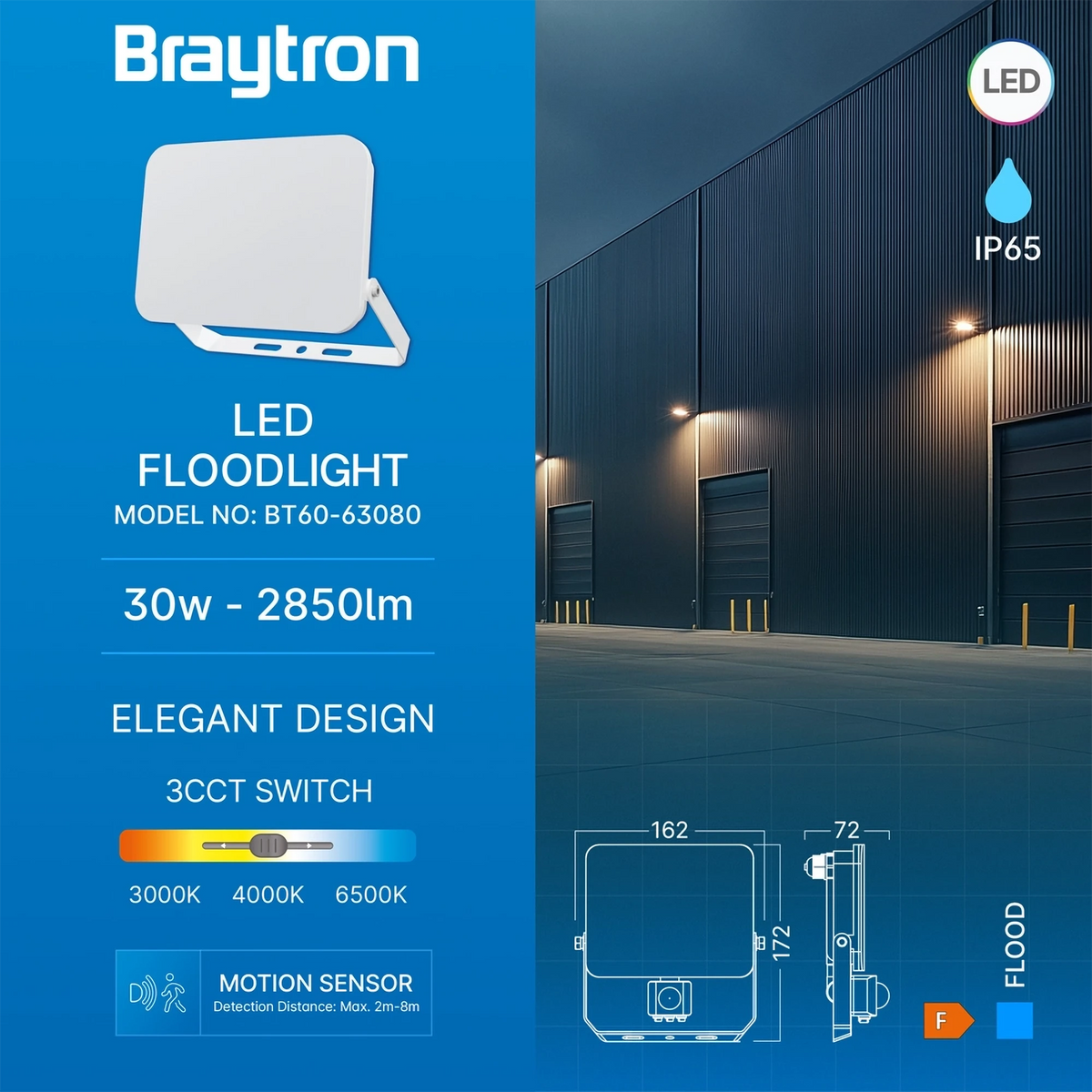 Braytron Flood LED Schijnwerper 30W IP54 Wit WF 3IN1 SNS