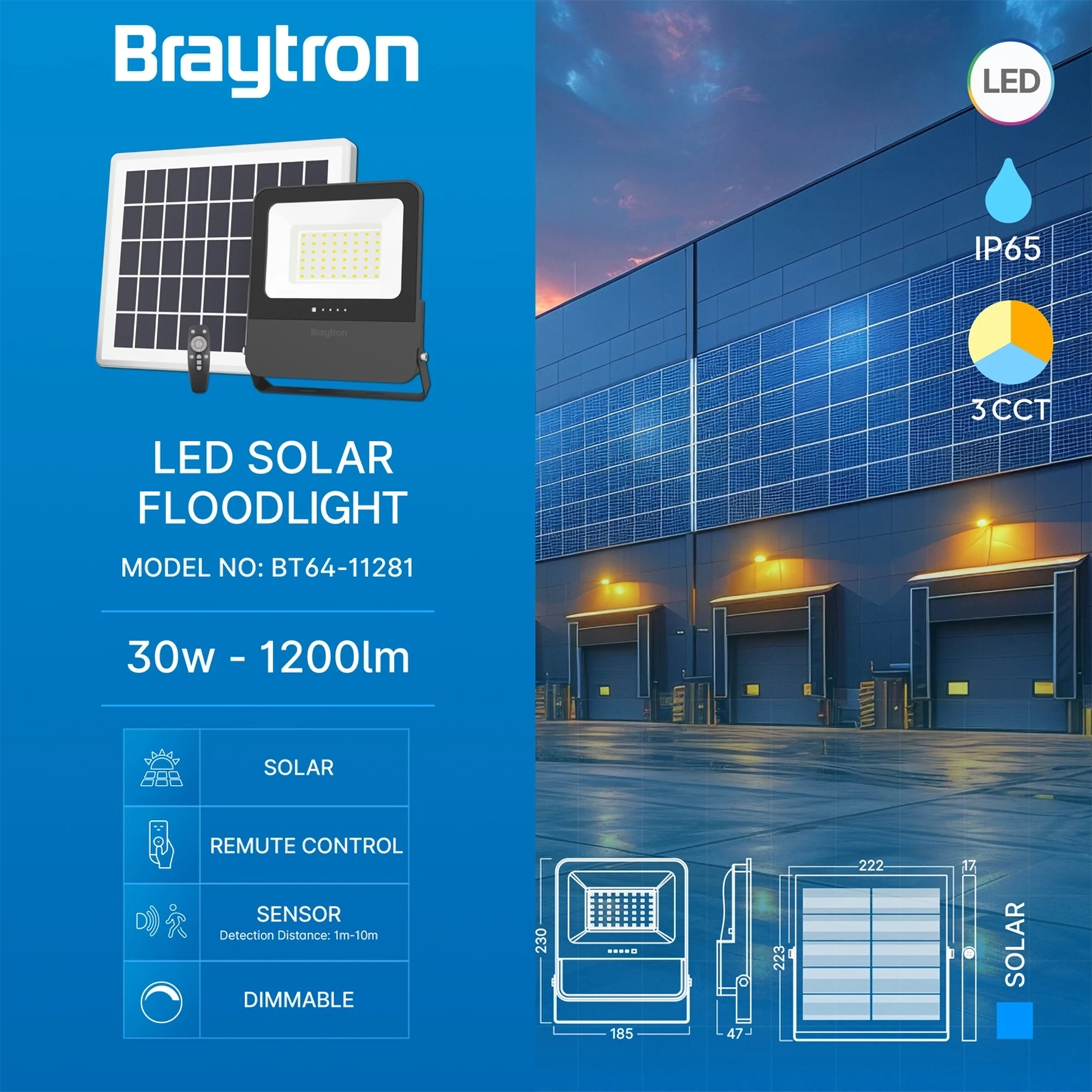 Braytron Solar Pl Solar Schijnwerper 30W IP65 3IN1 RMT