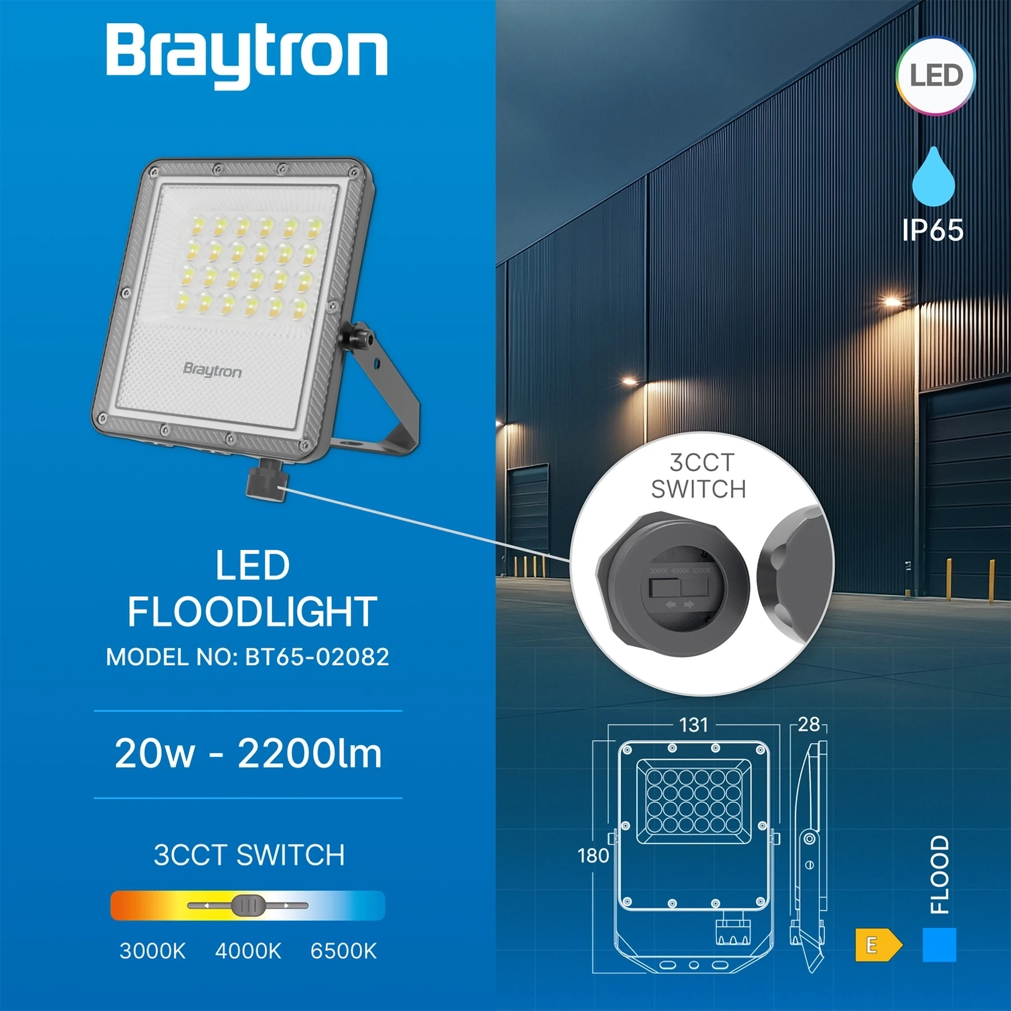 Braytron Flood LED Schijnwerper 20W IP65 Grijs PF 3IN1