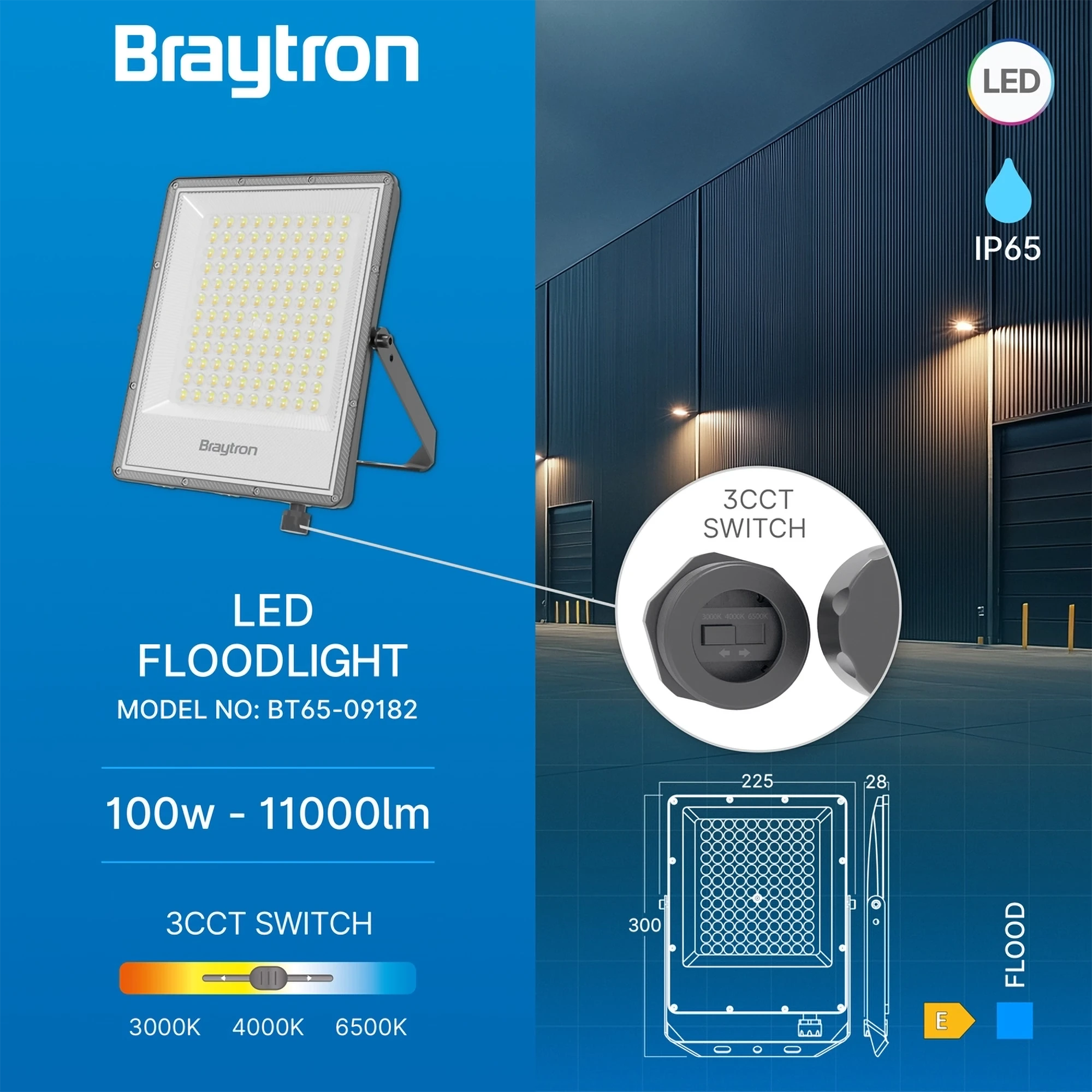 Braytron Flood LED Schijnwerper 100W IP65 Grijs PF 3IN1