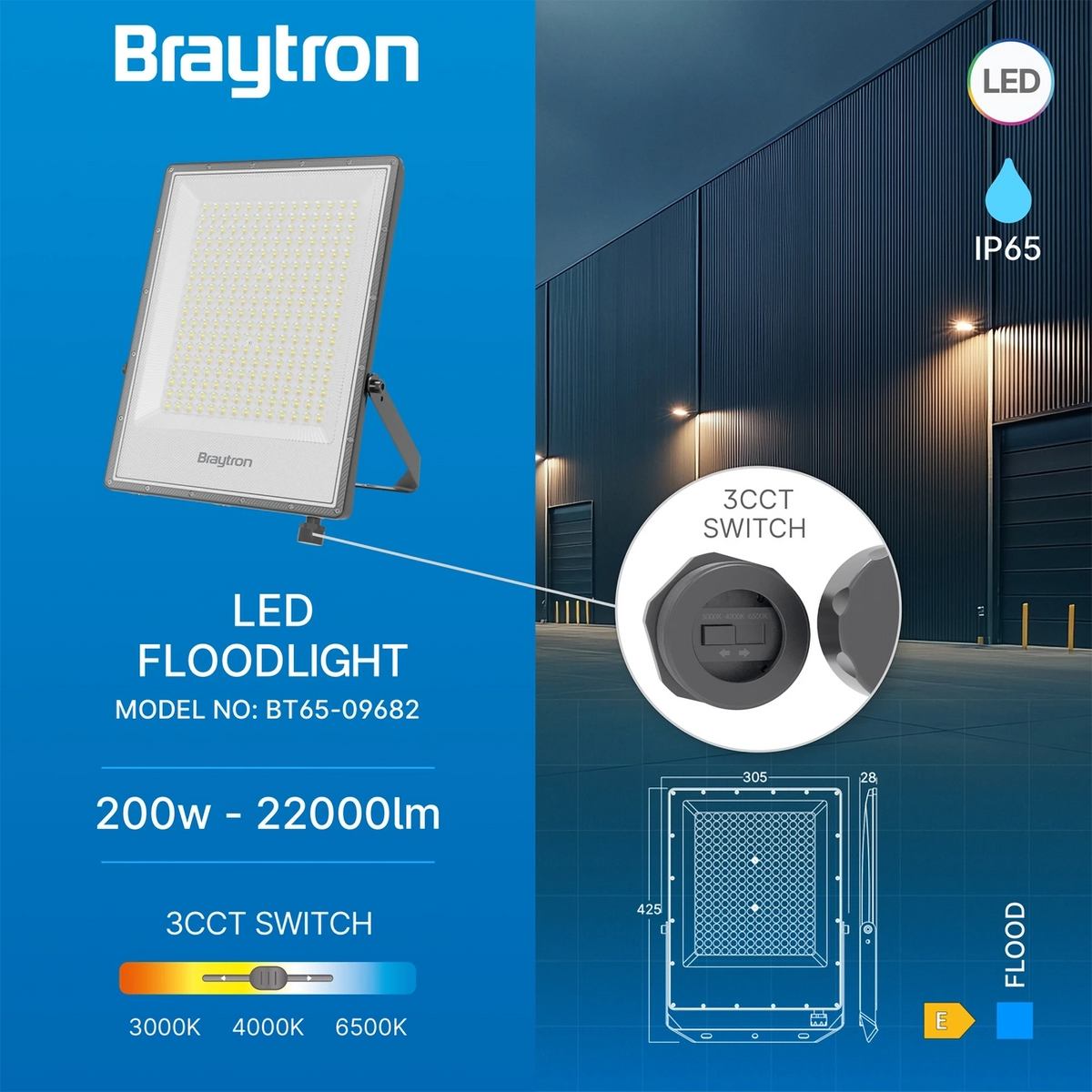 Braytron Flood LED Schijnwerper 200W IP65 Grijs PF 3IN1