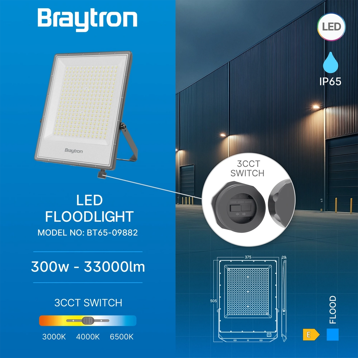 Braytron Flood LED Schijnwerper 300W IP65 Grijs PF 3IN1