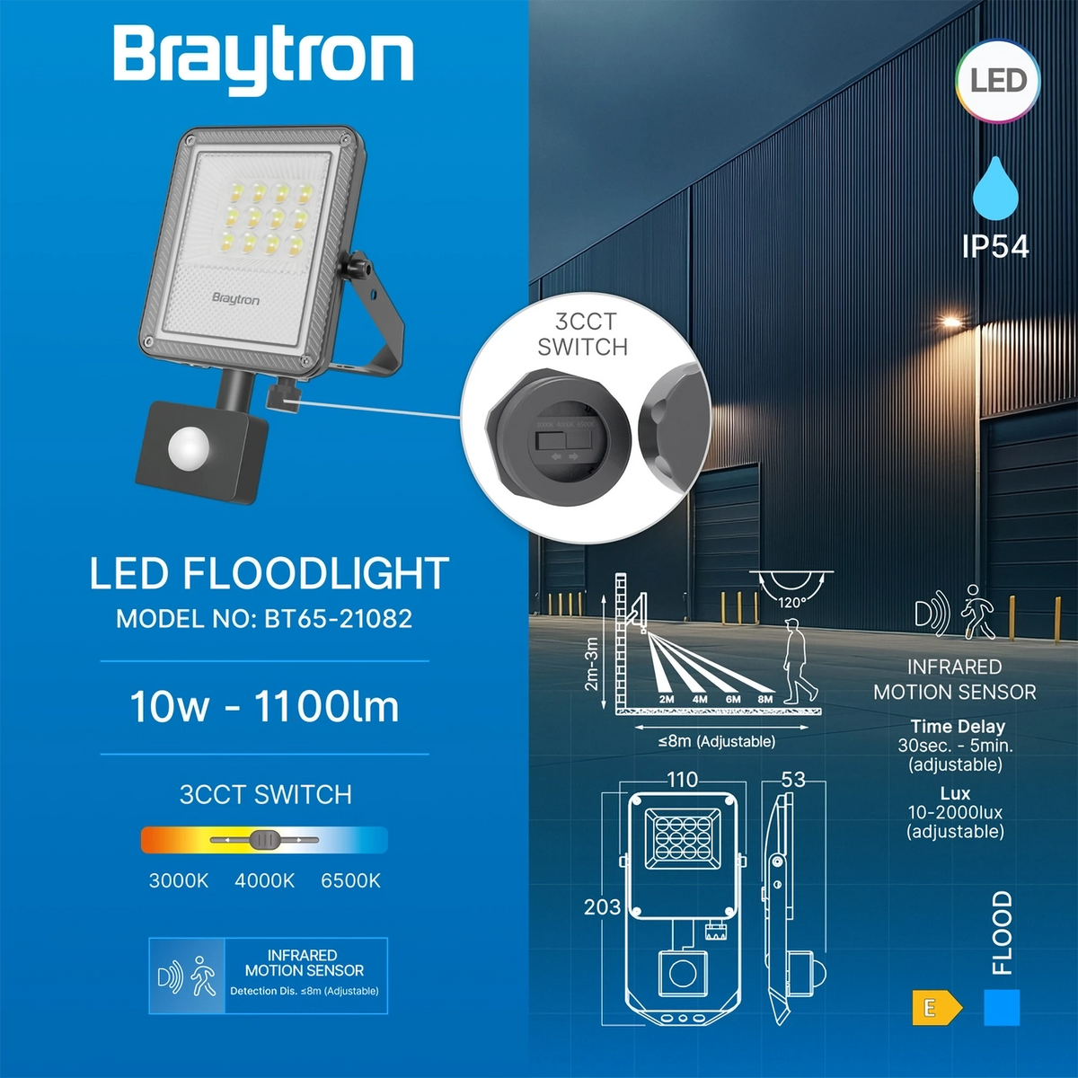 Braytron Flood LED Schijnwerper 10W IP54 Grijs PF 3IN1 SNS