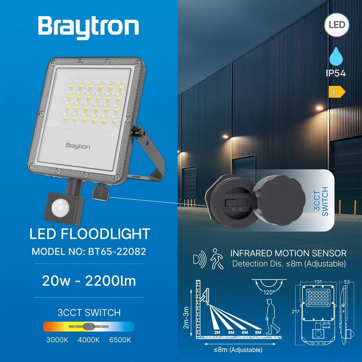 Braytron Flood LED Schijnwerper 20W IP54 Grijs PF 3IN1 SNS