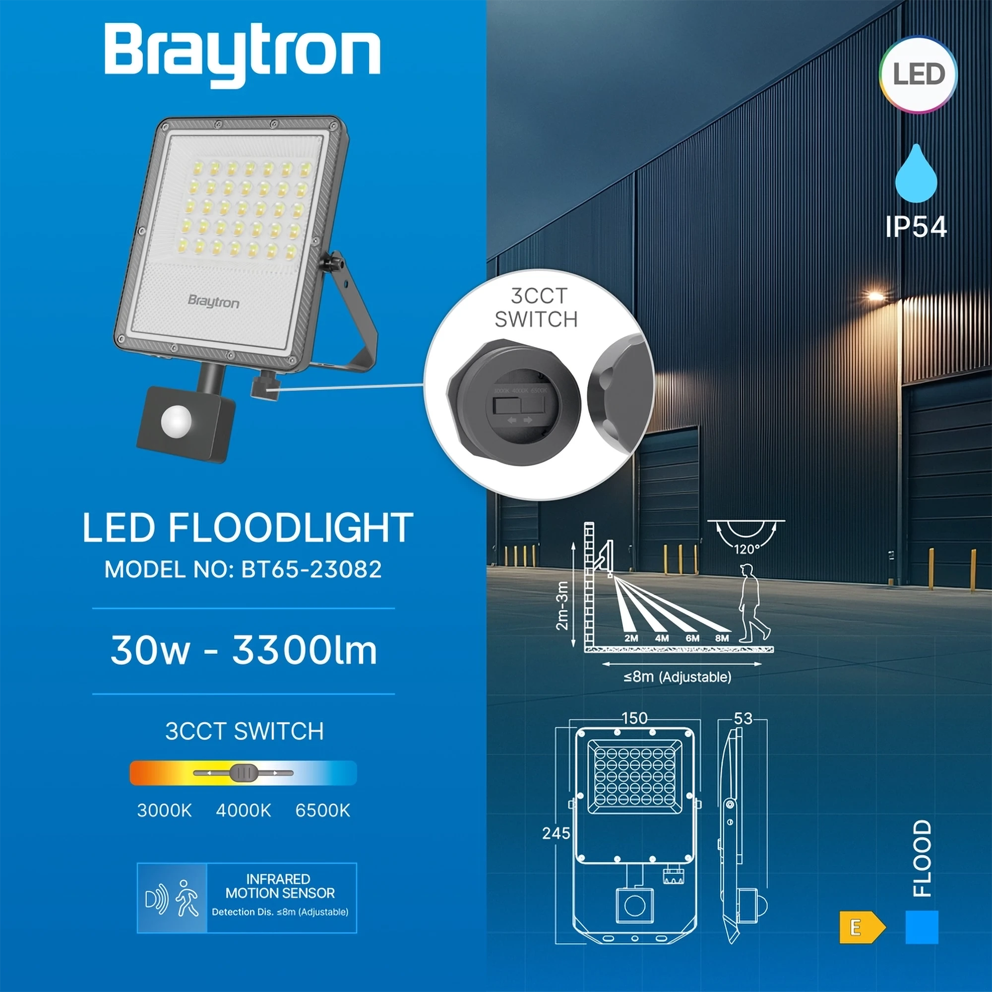 Braytron Flood LED Schijnwerper 30W IP54 Grijs PF 3IN1 SNS