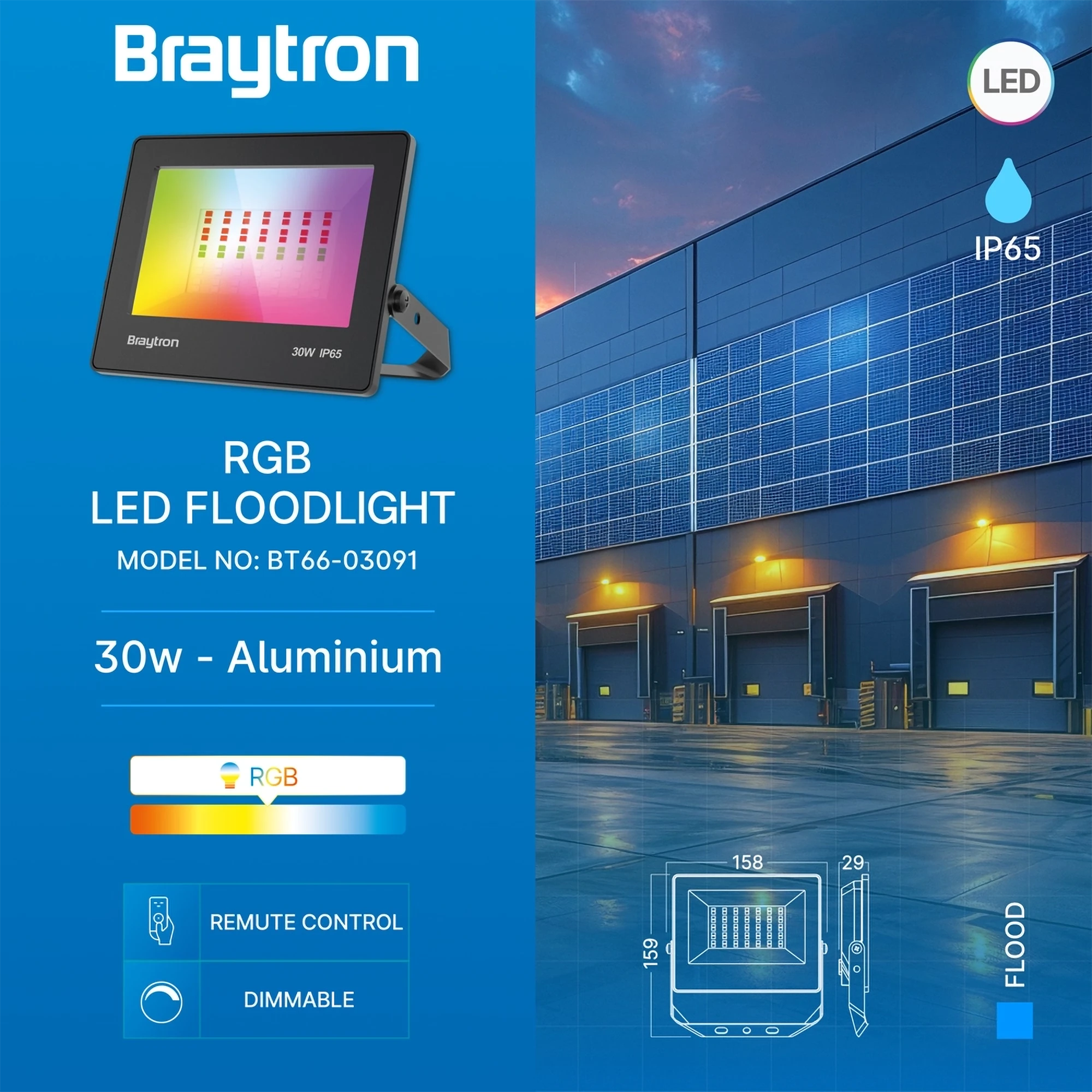 Braytron Flood LED Schijnwerper 30W IP65 RGB CF