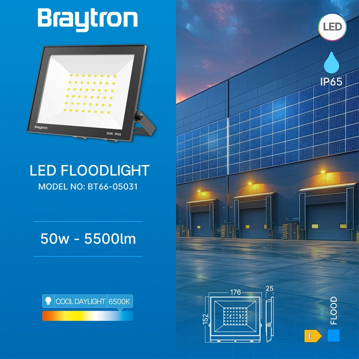 Braytron Flood LED Schijnwerper 50W 6500K IP65 Zwart CF