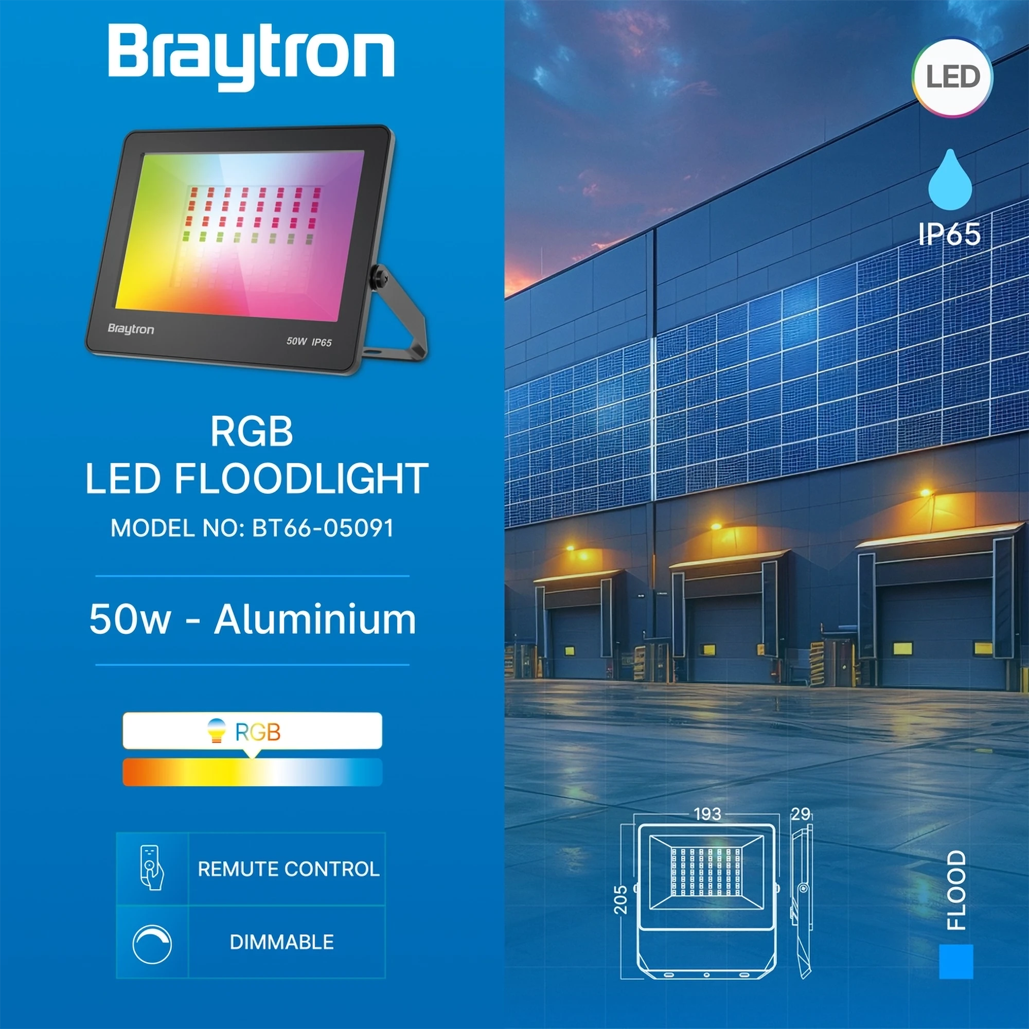 Braytron Flood LED Schijnwerper 50W IP65 RGB CF