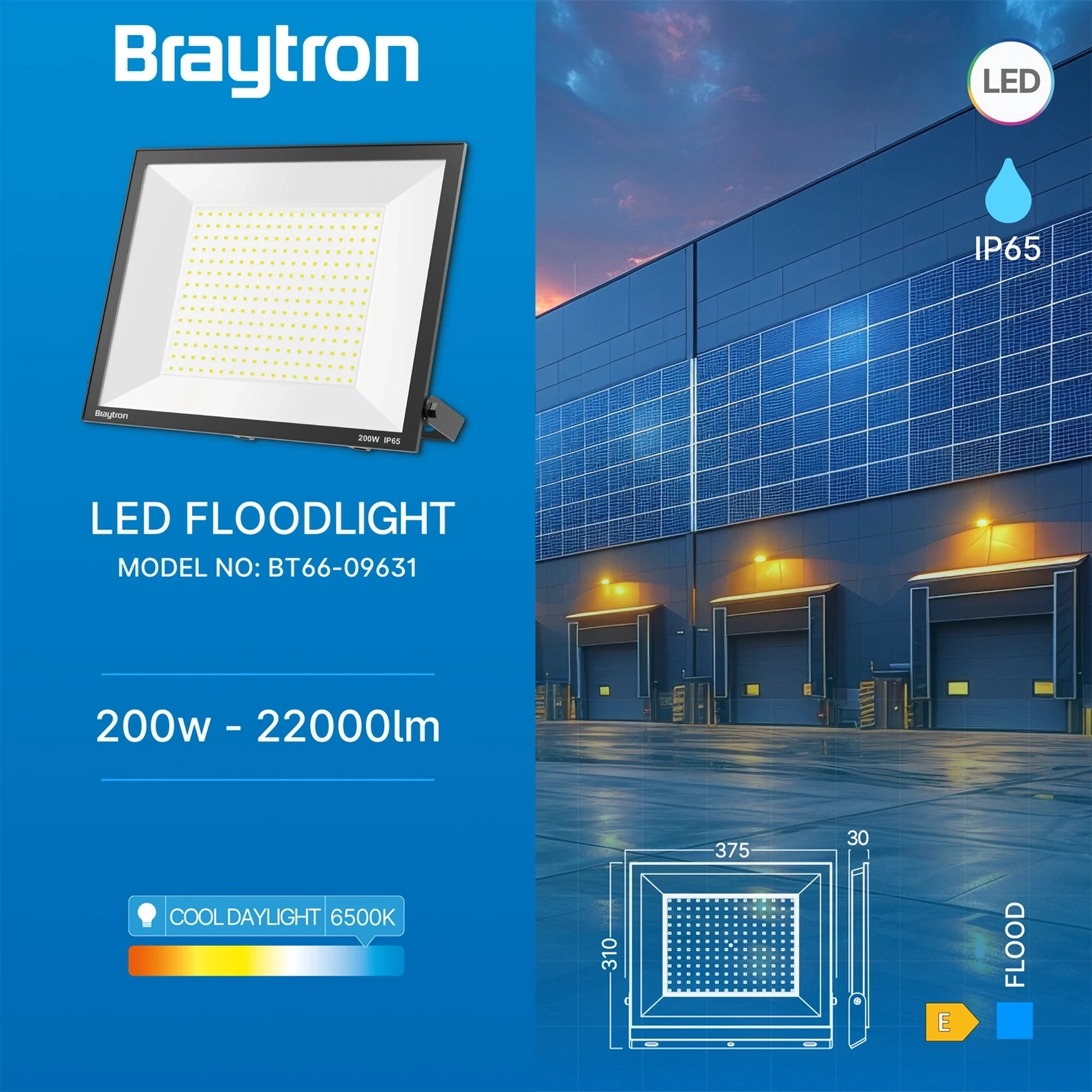 Braytron Flood LED Schijnwerper 200W 6500K IP65 Zwart CF