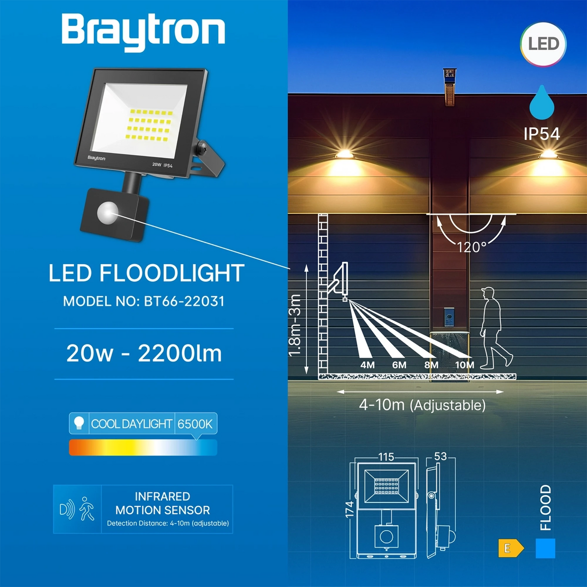 Braytron Flood LED Schijnwerper 20W 6500K IP54 Zwart CF SNS