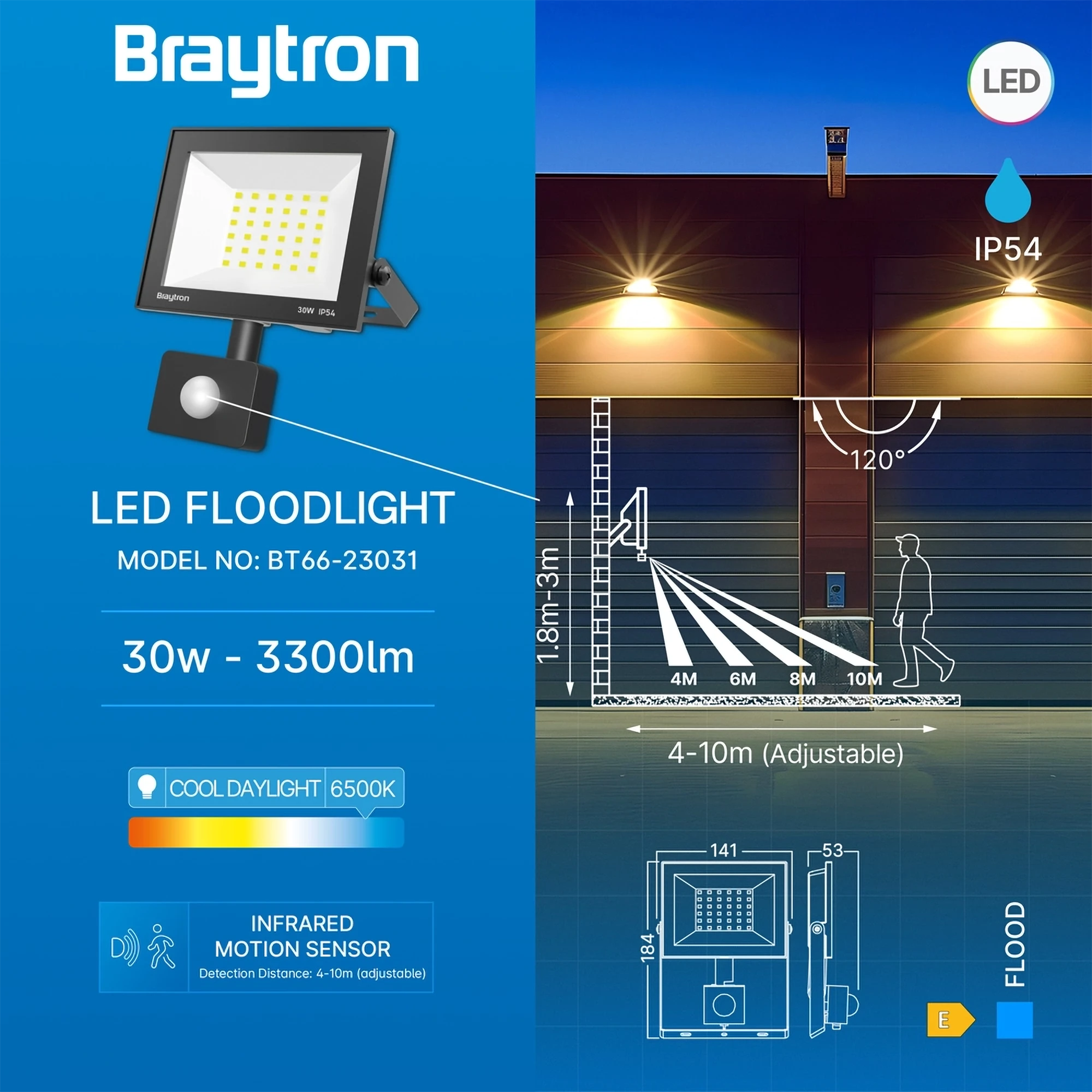 Braytron Flood LED Schijnwerper 30W 6500K IP54 Zwart CF SNS
